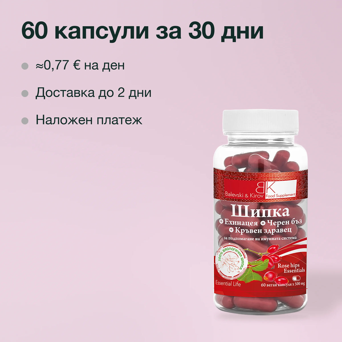 Шипка, ехинацея, черен бъз и кръвен здравец: 60 капсули за 30 дни